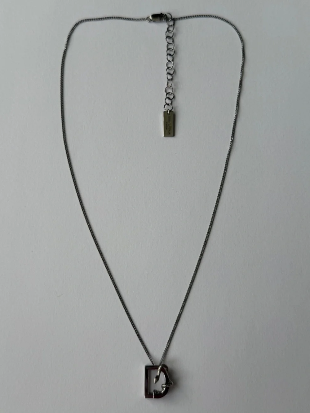 Saint Laurent YSL Sterling Silver D Initial Letter Snake Pendant Chain Necklace